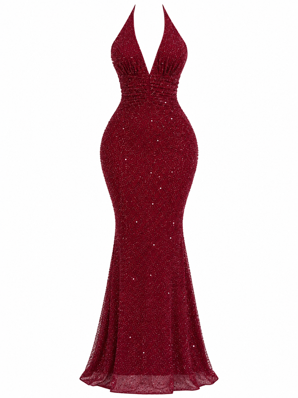 Vestido Halter Glitter Bordó