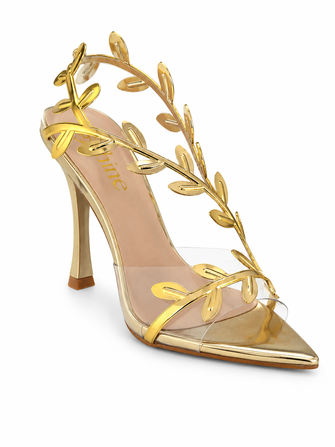 Tacón stiletto de punta fina con parte transparente y aplicaciones metálicas en forma de hojas
