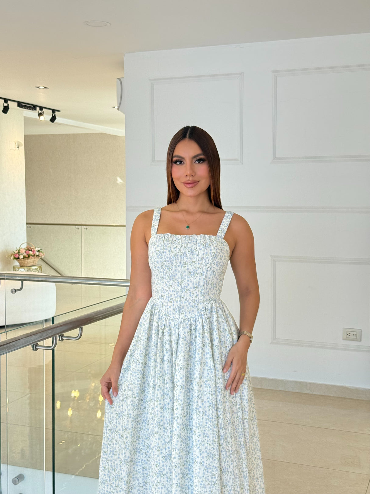 Vestido Largo Floral Azul Top Fruncido Bluebell