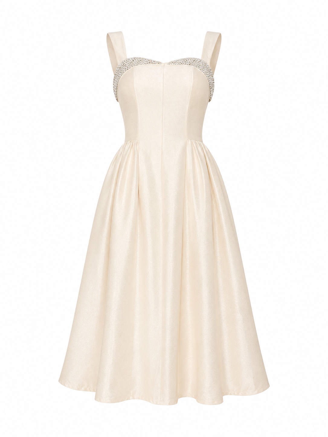 Vestido midi evasé con escote corazón bordado en pedrería y falda amplia