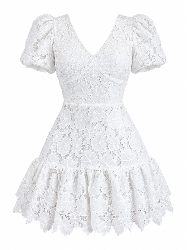 Vestido Corto de Encaje Floral con Mangas Abullonadas