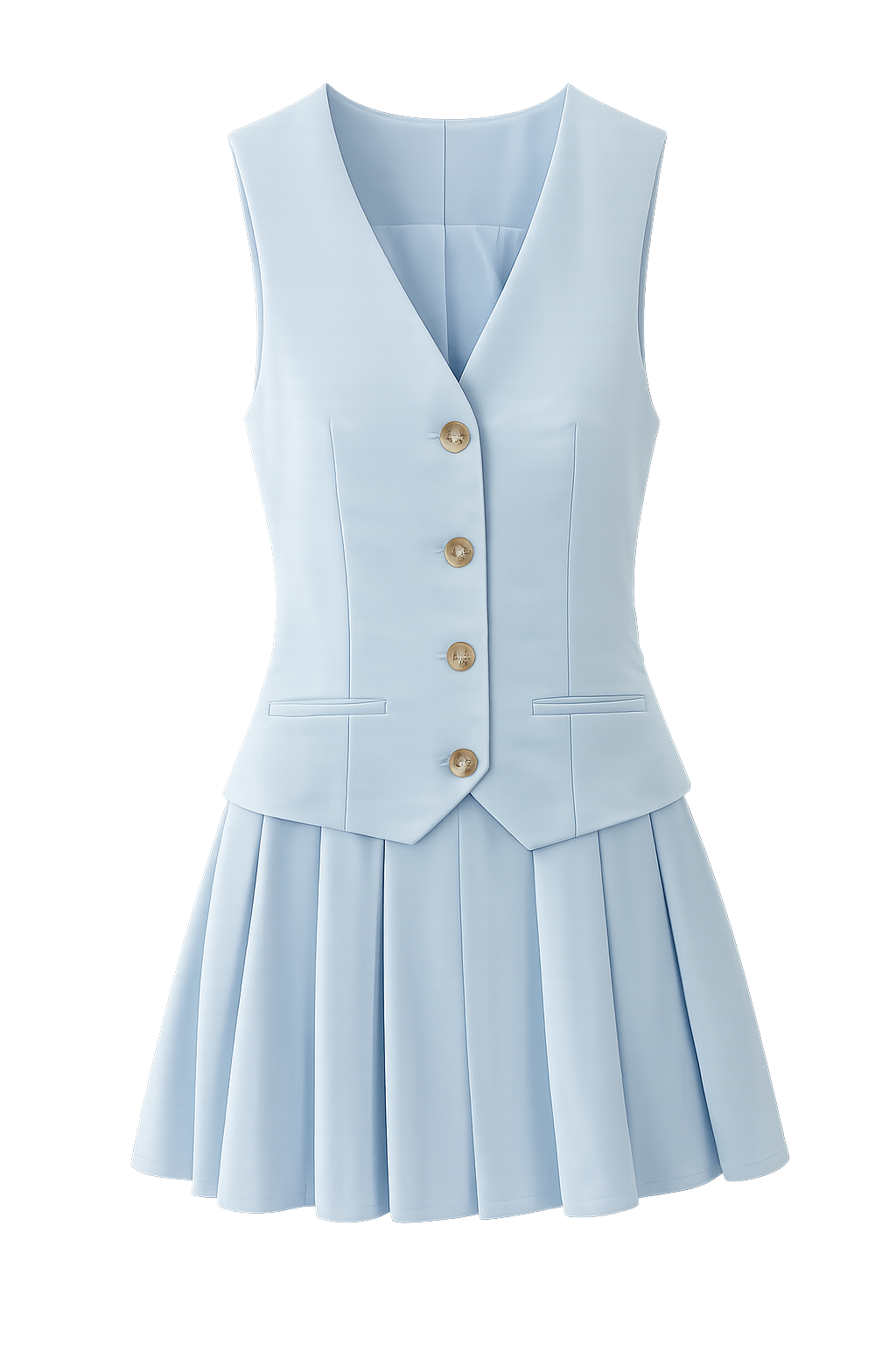Vestido corto tipo chaleco con botones y bolsillos, con falda plisada