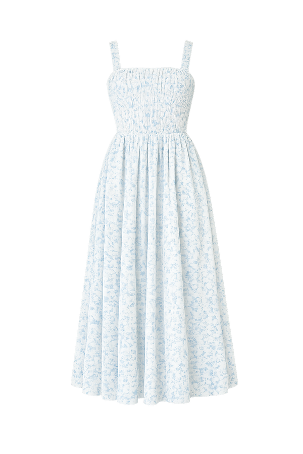 Vestido Largo Floral Azul Top Fruncido Bluebell