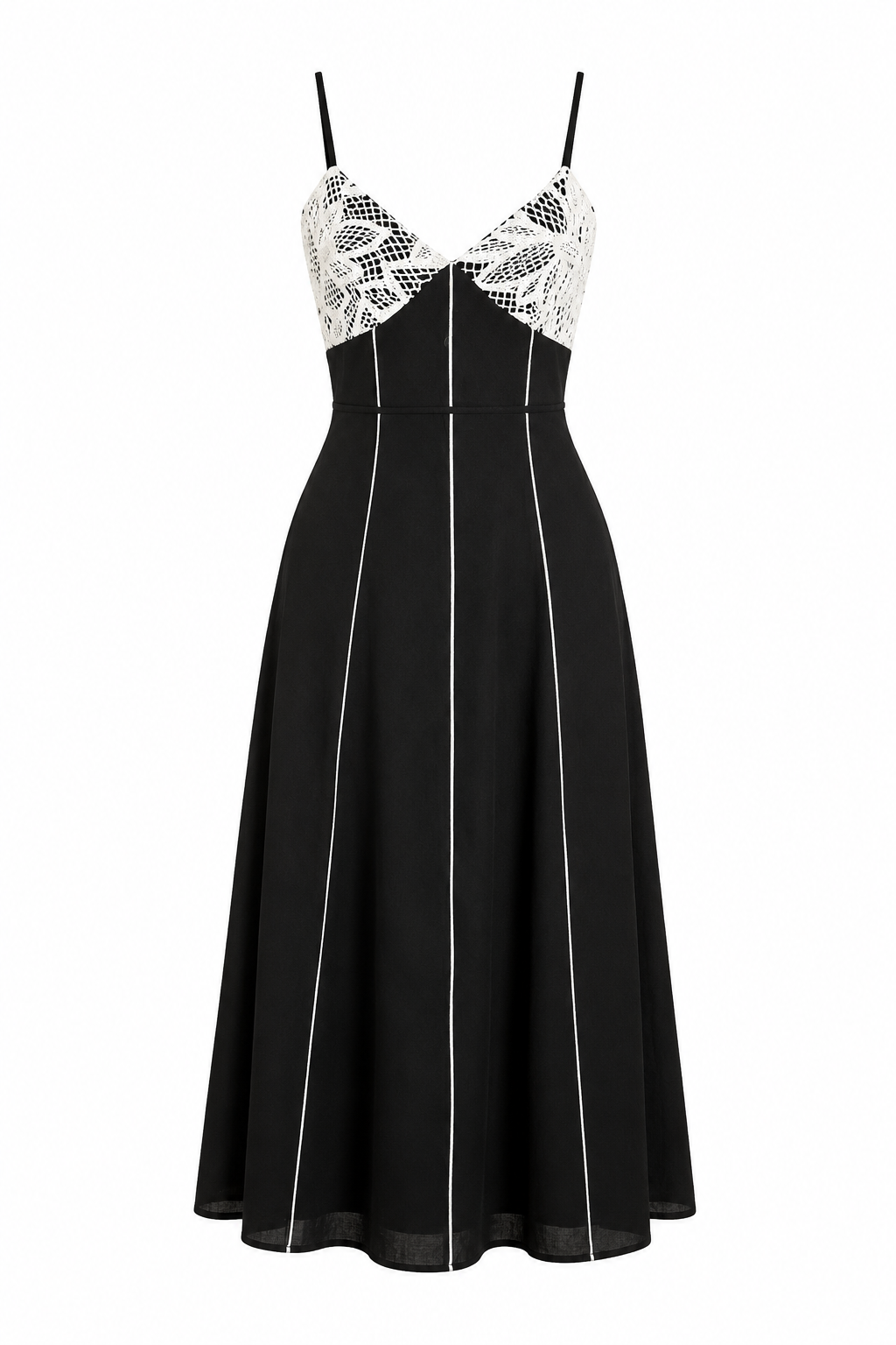 Vestido midi con corpiño de encaje en contraste y vivos blancos en la falda