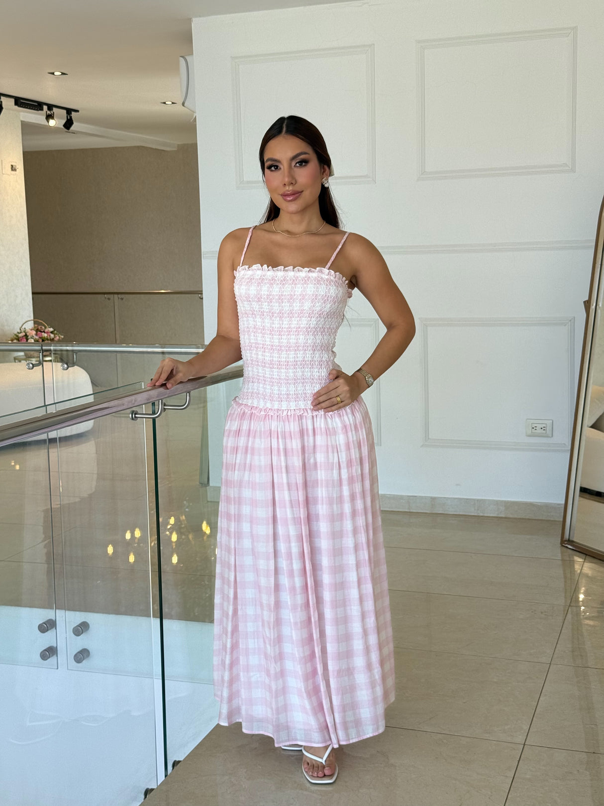 Vestido Largo Cuadros Vichy Rosa Strapless Picnic