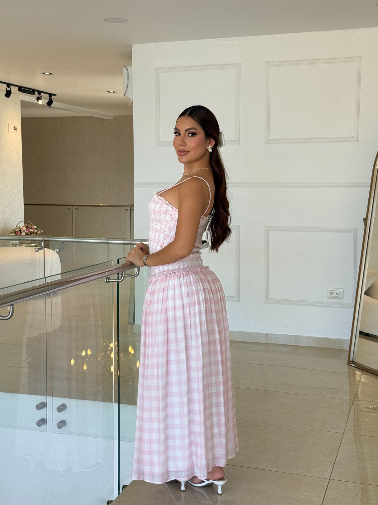 Vestido Largo Cuadros Vichy Rosa Strapless Picnic