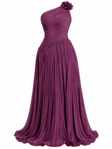 Vestido Largo Satinado de Un Hombro con Flor