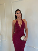 Vestido Halter Glitter Bordó