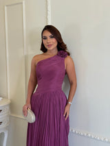 Vestido Largo Satinado de Un Hombro con Flor