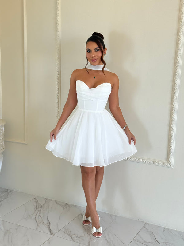 Vestido Corto Tipo Princesa con Corsé y Estola a Juego