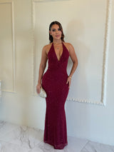 Vestido Halter Glitter Bordó