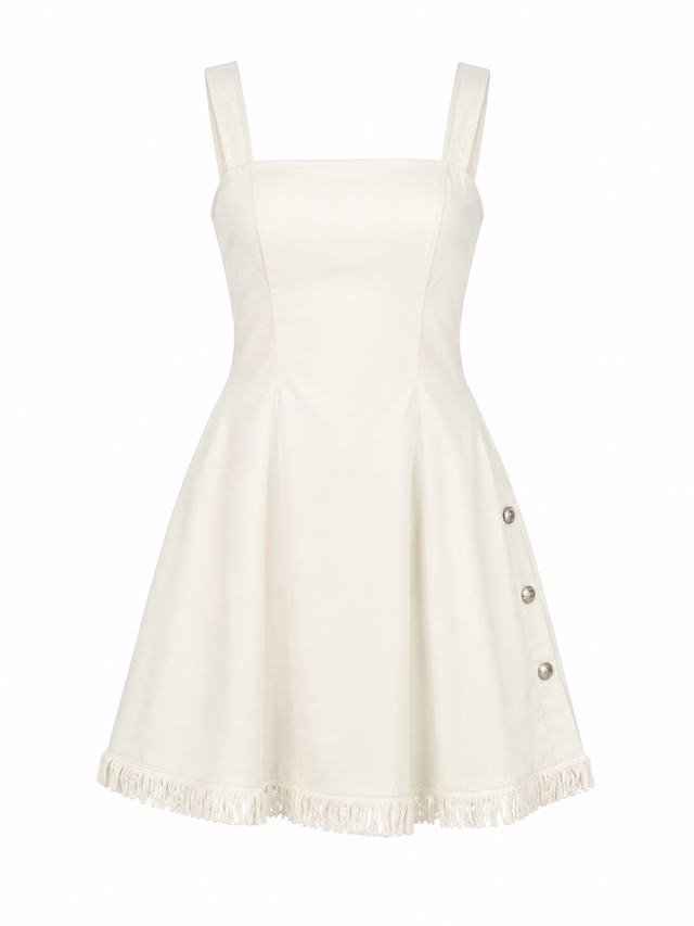 Vestido corto blanco con escote cuadrado y tirantes anchos