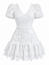 Vestido Corto de Encaje Floral con Mangas Abullonadas