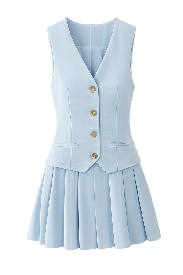 Vestido Corto de Chaleco y Falda Plisada Serenity Blue
