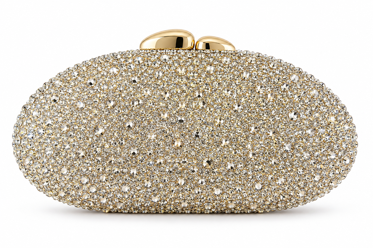 Clutch ovalado cubierto de cristales con aplique central en forma de onda