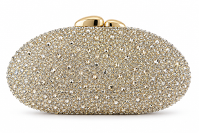Clutch ovalado cubierto de cristales con aplique central en forma de onda