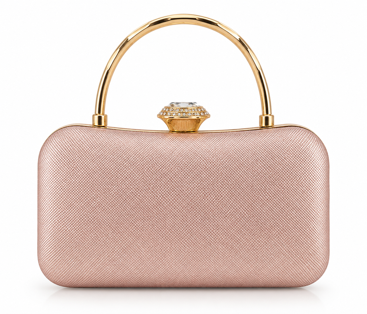Bolso rosa con asa rígida dorada arqueada y cierre de cristal