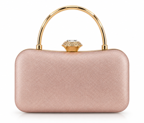 Bolso rosa con asa rígida dorada arqueada y cierre de cristal