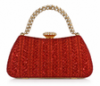 Clutch rojo cubierto de cristales con asa de perlas y cierre joya
