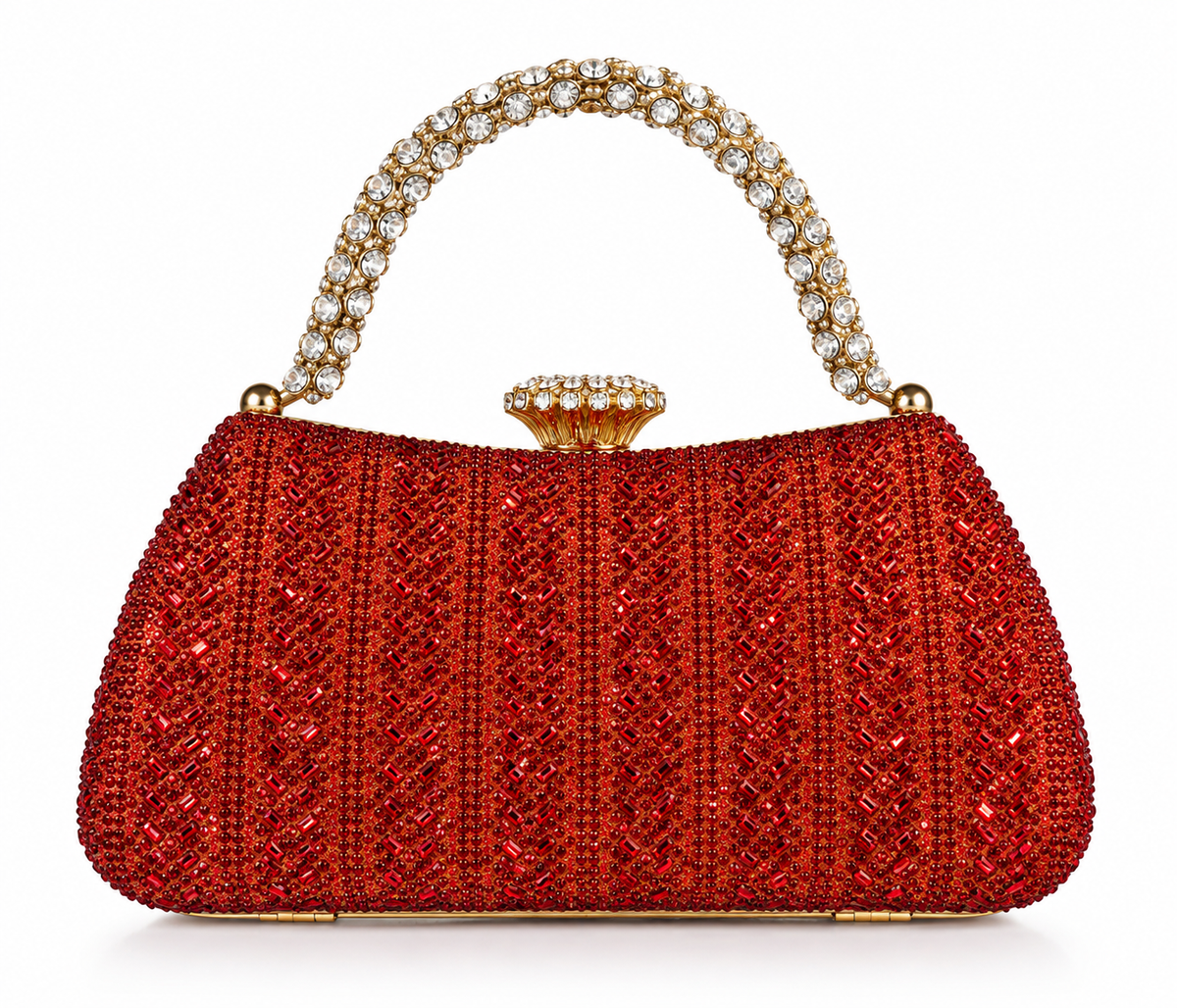 Clutch rojo cubierto de cristales con asa de perlas y cierre joya