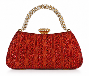 Clutch rojo cubierto de cristales con asa de perlas y cierre joya