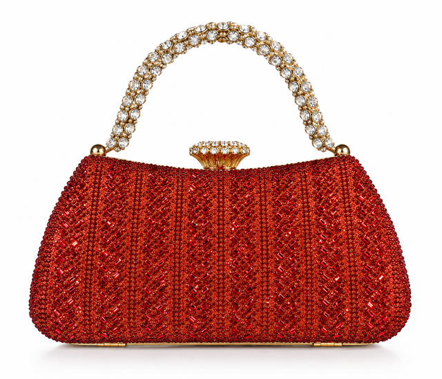 Clutch rojo cubierto de cristales con asa de perlas y cierre joya