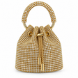 Bolso bucket dorado cubierto de cristales con asa circular
