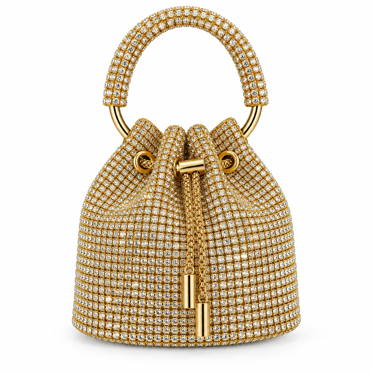 Bolso bucket dorado cubierto de cristales con asa circular