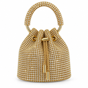 Bolso bucket dorado cubierto de cristales con asa circular