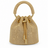 Bolso bucket dorado cubierto de cristales con asa circular
