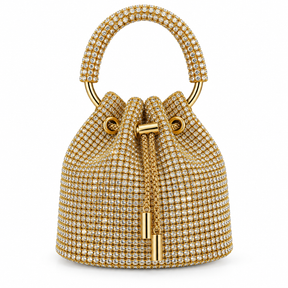 Bolso bucket dorado cubierto de cristales con asa circular