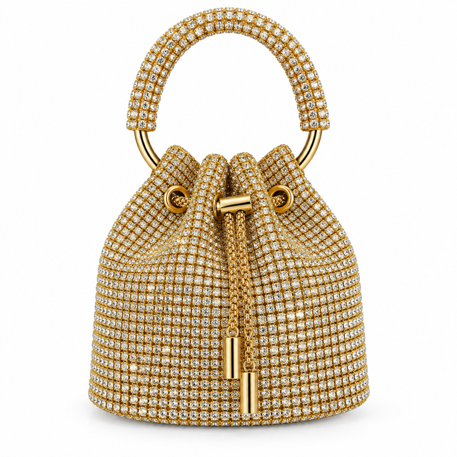 Bolso bucket dorado cubierto de cristales con asa circular
