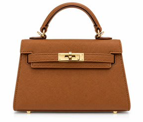 Bolso camel estructurado con asa superior y cierre girante dorado