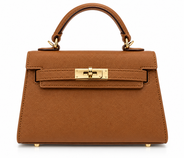 Bolso camel estructurado con asa superior y cierre girante dorado