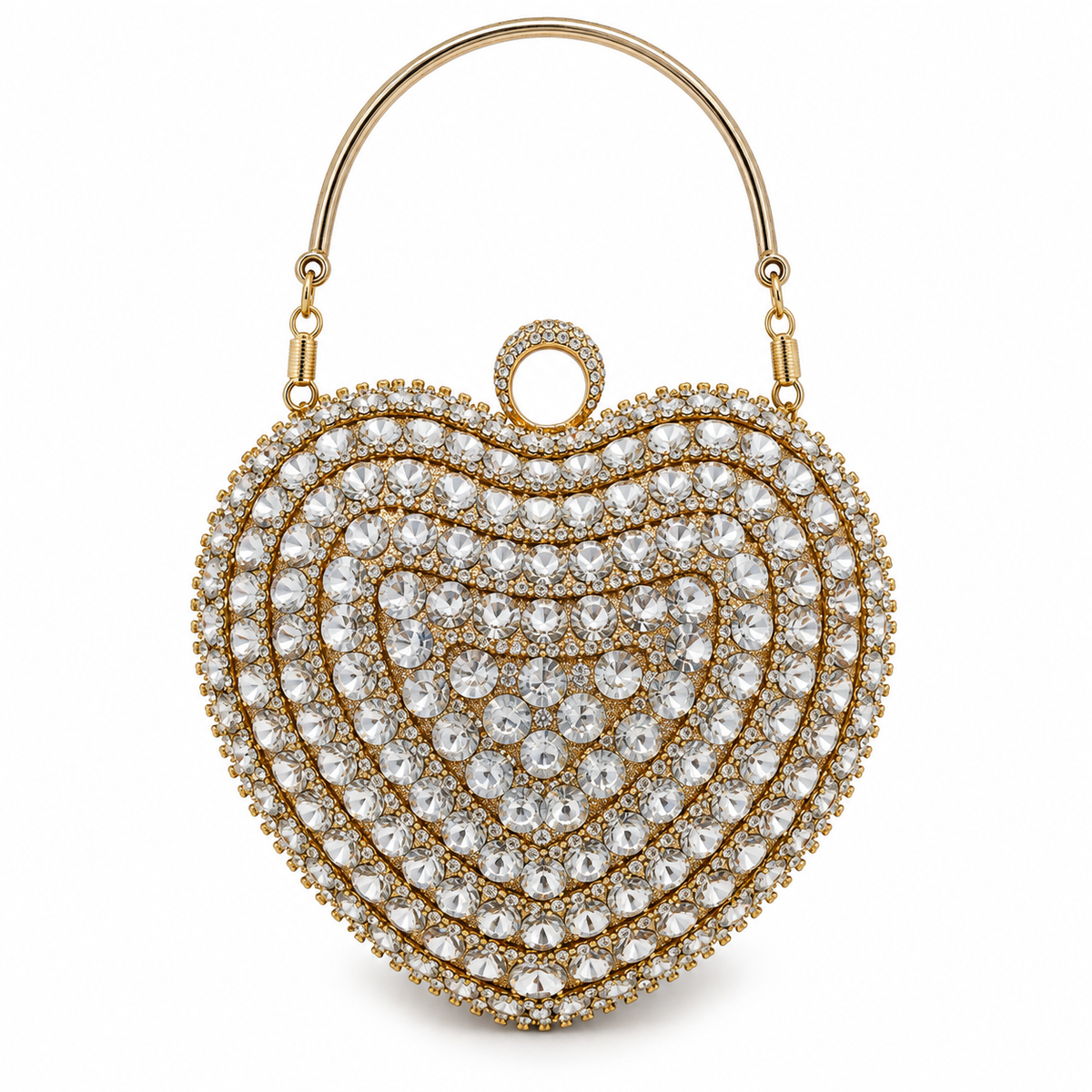 Clutch dorado en forma de corazón cubierto de cristales con asa metálica