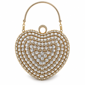 Clutch dorado en forma de corazón cubierto de cristales con asa metálica