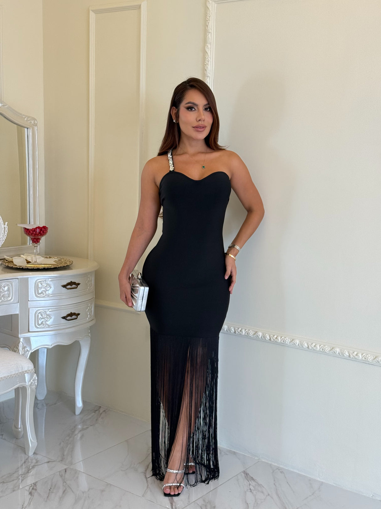 Vestido Noche Fringe Black